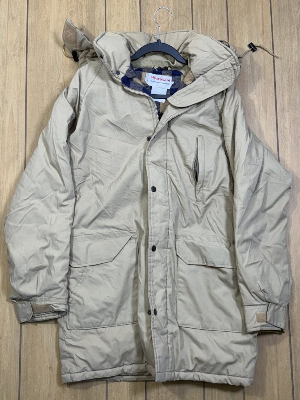 Vintage 80s WearGuard Flannel Lined Hooded Chore Parka Khaki Buffalo Plaid S